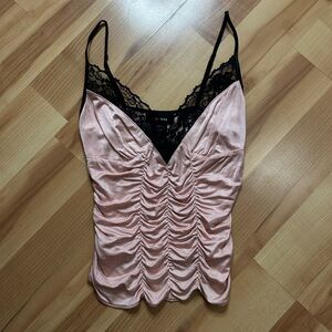 Express Pink Ruched Camisole with Black Lace